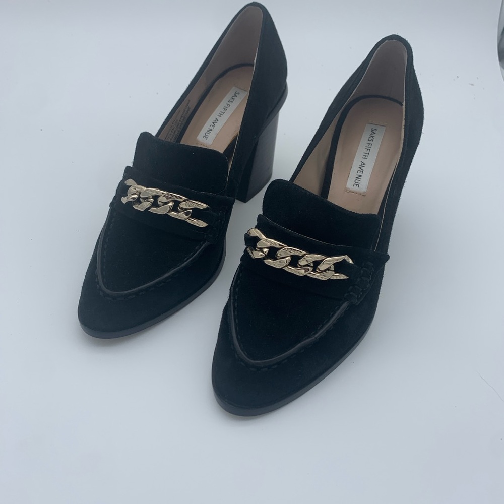 Saks Fifth Avenue Black Suede Heels with Gold Chain